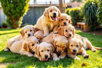 Photograph a group of golden retriever puppies tumbling over each other in a sunny backyard, showcasing their playful nature.
