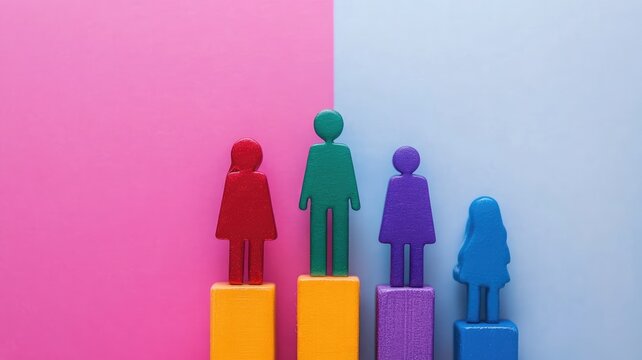 Colorful wooden figures on blocks represent different genders pink and blue background