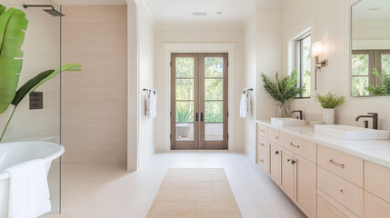 Fototapeta premium Luxurious bathroom featuring spacious layout with freestanding bathtub, modern fixtures, and large windows allowing natural light. serene atmosphere is enhanced by greenery and neutral tones