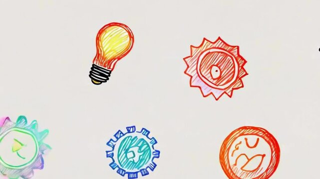 Hand-Drawn Icons of Gears, Fire, and Coffee Cups