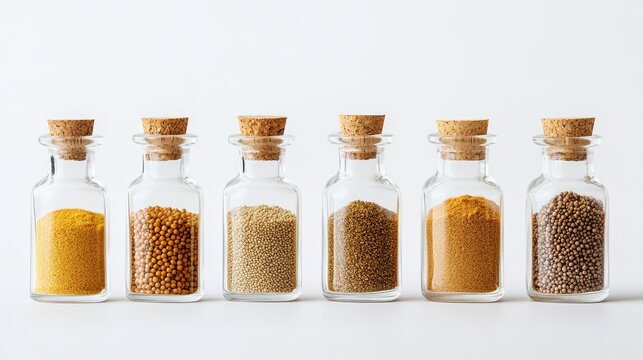 A set of glass bottles containing mustard seeds, cumin, and coriander powder, arranged in a neat row on a white background. No people.