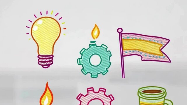 Hand-Drawn Icons of Gears, Fire, and Coffee Cups