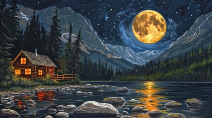 Quaint hut by the river, bathed in moonlight amidst verdant trees, peaceful nocturnal retreat.