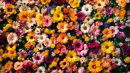 Vibrant, diverse flowers in full bloom, showcasing various colors and petal shapes