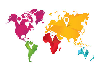 World map with a colorful, geometric pattern made of triangles. Perfect for travel, diversity, and global themes.