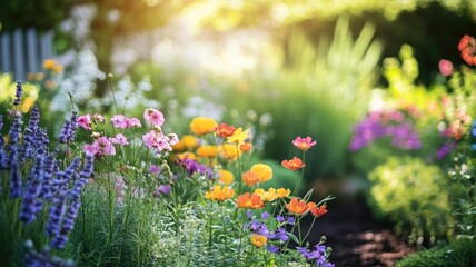 Obraz premium Vibrant flower garden with diverse blooms under sunlight