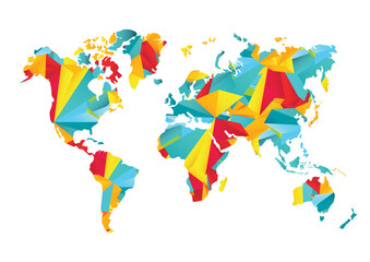 World map with a colorful, geometric pattern made of triangles. Perfect for travel, diversity, and global themes.