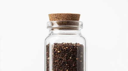 Close-up of a glass bottle filled with ground black pepper, highlighted against a bright white background. Simple and clean. No people.