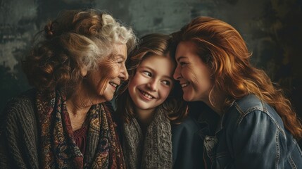 Fototapeta premium Three generations of women - grandmother, daughter and granddaughter - are smiling at each other.