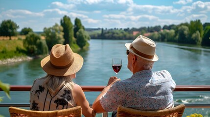 Retired Couple Enjoying Scenic River Cruise with Glass of Wine