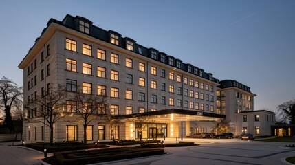 Fototapeta premium Elegant multi-story hotel building illuminated at dusk with classic architectural design and manicured landscaping creating a welcoming nighttime ambiance