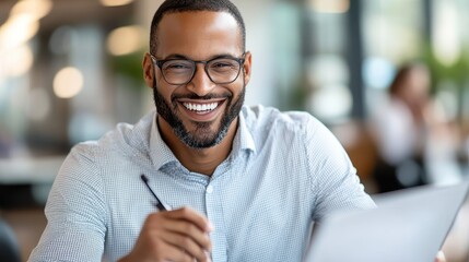 A smiling man wearing glasses and a white shirt, holding a pen while working in a bright, modern office environment. Focus on his positive demeanor.