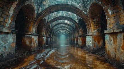 Fototapeta premium A fascinating view of a historic, underground tunnel with an intricately designed brick archway, evoking a sense of mystery and the passage of time