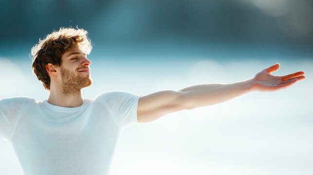 A skater wearing a blissful expression with arms spread wide, capturing a sense of freedom and joy in motion on a serene, ice-covered field with soft lighting.