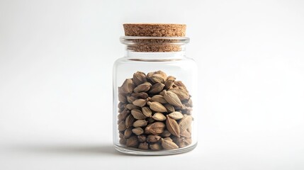 Glass bottle filled with cardamom pods, set on a white background with soft lighting to emphasize details. No people.