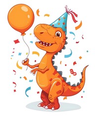 Cheerful Dinosaur Celebrates with Party Hat Balloon and Confetti
