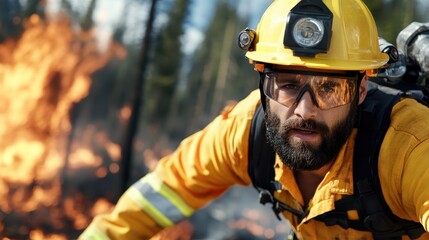 A focused firefighter, equipped with safety gear, challenges a rapidly spreading forest fire, highlighting the urgency and complexity of tackling natural disasters.