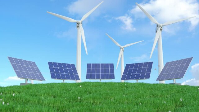 Animation of windmills and solar panels on a green field. Decarbonisation and renewable energy. 3d animation.
