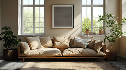 Cozy living room with a large sofa and natural light.