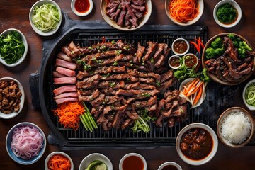 A vibrant scene of a Korean bbq grill loaded with marinated beef pork belly and vegetables, Ai Generated