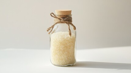 Wide glass bottle of sticky rice against a bright white background, with light reflections on the glass for added depth. No people.
