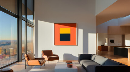 Modern living room with large windows showcasing stunning view, featuring minimalist design with colorful abstract painting on wall. space is bright and inviting, perfect for relaxation