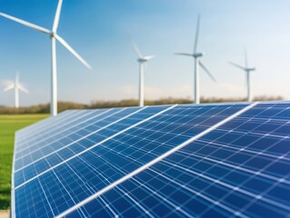 A vibrant landscape featuring solar panels and wind turbines harnessing renewable energy under a clear blue sky.