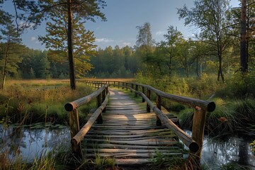 Fototapeta premium Serene Wooden Bridge Over Tranquil Waters in a Lush Forest Landscape