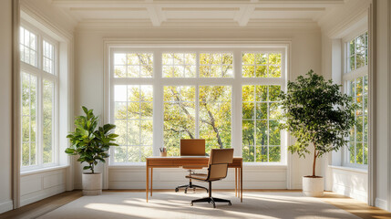 A bright and airy home office featuring large windows that allow natural light to flood space. room is adorned with greenery, creating refreshing and productive atmosphere