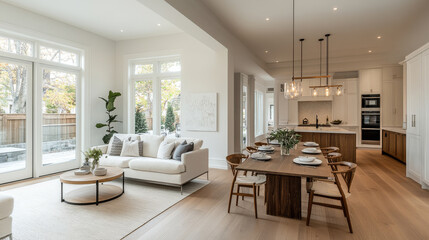 Fototapeta premium Modern interior design featuring spacious living area and dining space. bright, airy atmosphere is enhanced by large windows and elegant furnishings, creating welcoming environment