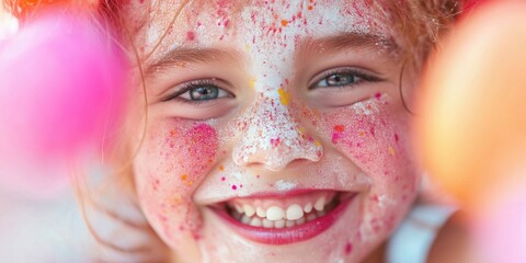 An adorable image of a young child dressed as a carnival clown with a painted face, a big red nose, and a colorful hat. The child is smiling broadly, holding a balloon in one hand
