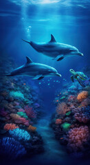 Fototapeta premium Serene underwater scene with dolphins sea turtle