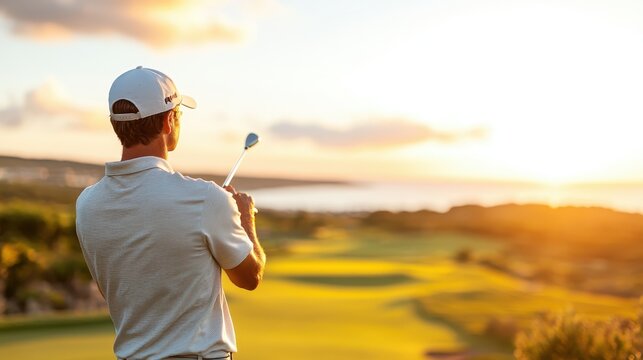 A thoughtful golfer stands poised with a club on a sunny golf course, ready to make a shot as the golden sunset casts a warm glow over the landscape.