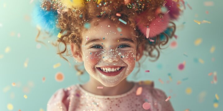 An adorable image of a young child dressed as a carnival clown with a painted face, a big red nose, and a colorful hat. The child is smiling broadly, holding a balloon in one hand