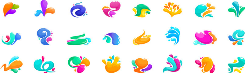 Rainbow swirls drops icons set. Collection of modern logos is forming from colorful abstract liquid shapes