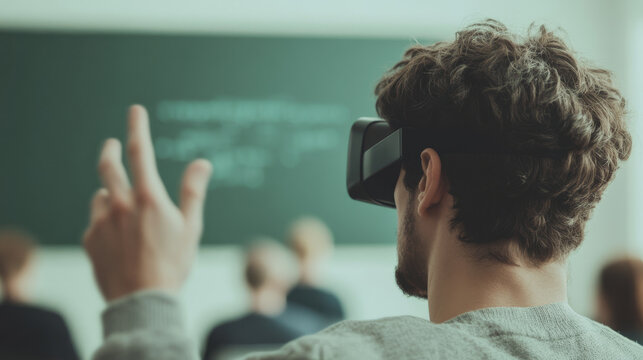 A student wearing virtual reality headset engages in an interactive learning experience in classroom setting. atmosphere is focused and innovative, showcasing modern education technology