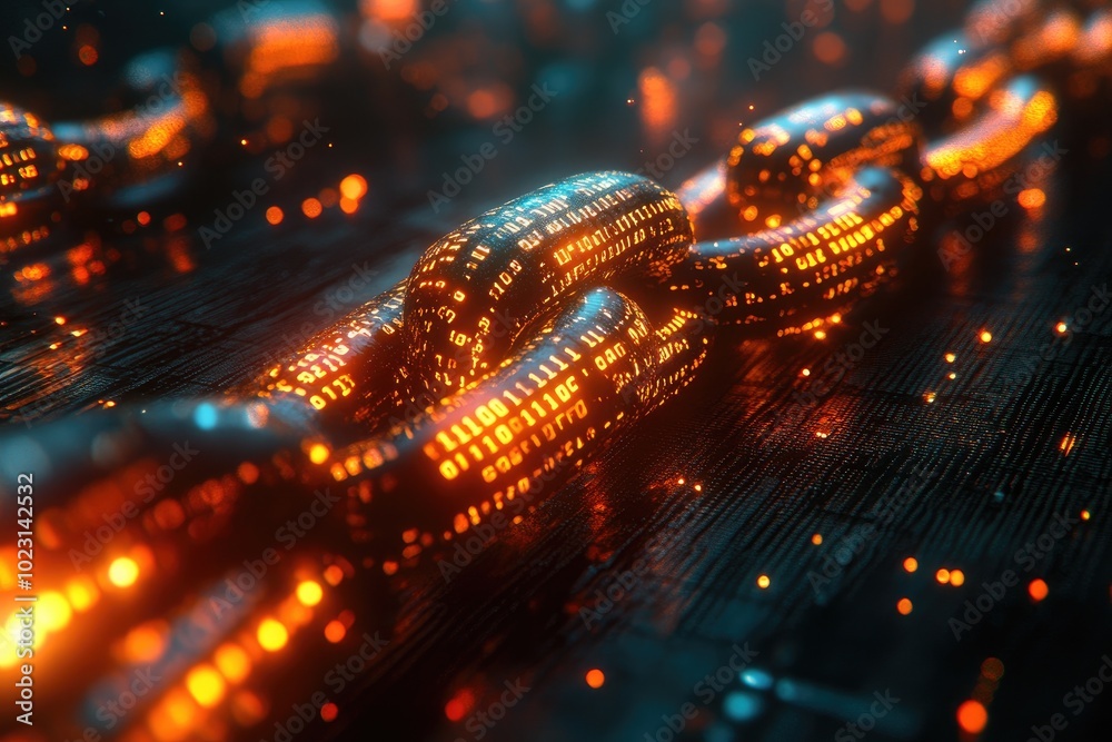 Fototapete Blockchain technology: glowing chain with binary code on circuit board