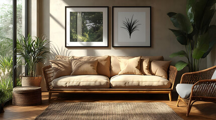 Cozy living room with natural decor and plants.