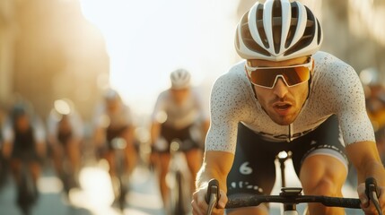 A male cyclist, amidst a race, displays intense focus and determination as he leads the pack on a bright day with his companions following closely behind.