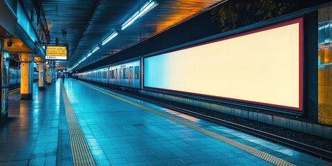 Subway train arriving at platform with blank billboard for advertisement