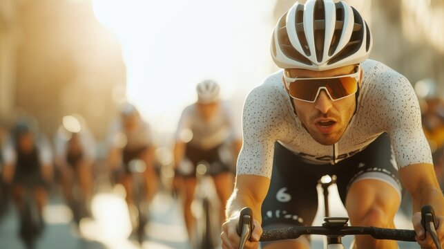 A male cyclist, amidst a race, displays intense focus and determination as he leads the pack on a bright day with his companions following closely behind.