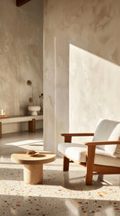 A serene interior featuring minimalist design with wooden chair, round table, and textured walls. soft light creates warm and inviting atmosphere, perfect for relaxation