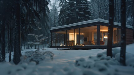 A modern cabin nestles in snow-clad woods, its windows glowing with warmth and hospitality, surrounded by a silent winter landscape.