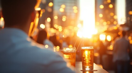 Two golden-hued drinks sit on a bar table at a rooftop venue, glowing under a sunset that bathes the surrounding urban landscape in warm, ambient light.