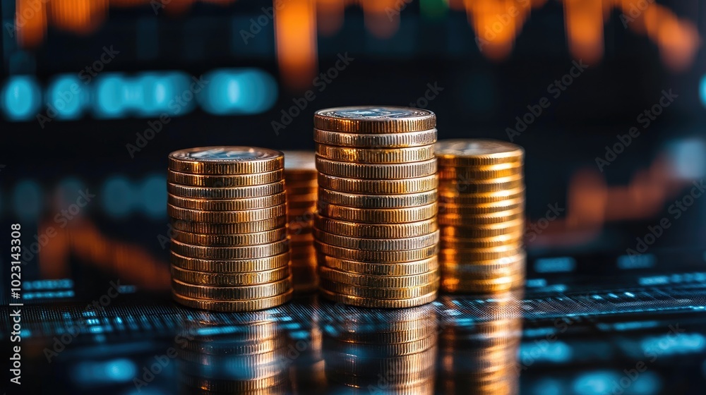 Poster stacks of gold coins standing on a surface reflecting a stock market graph