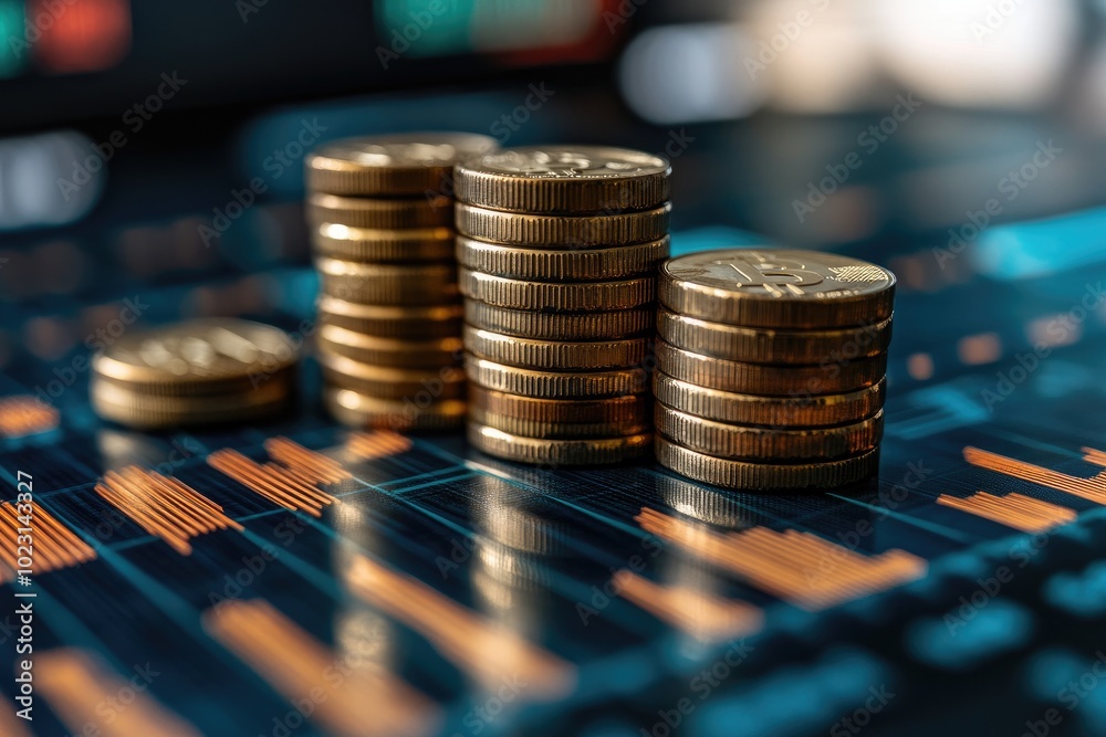 Poster Stacks of coins sitting on a graph displaying market data