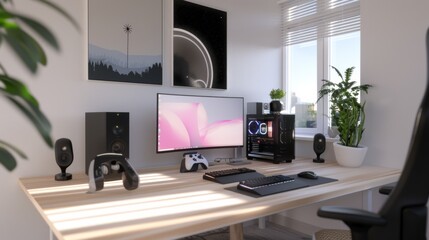 Sleek gaming setup in a bright room, featuring a single monitor, speakers, and modern equipment for immersive digital experiences.