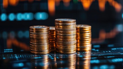 Stacks of gold coins standing on a surface reflecting a stock market graph
