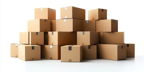 Large stack of cardboard boxes is sitting on a white background