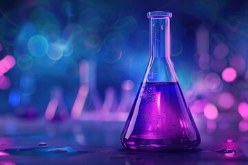 purple glass flask in blue research chemistry science banner laboratory background